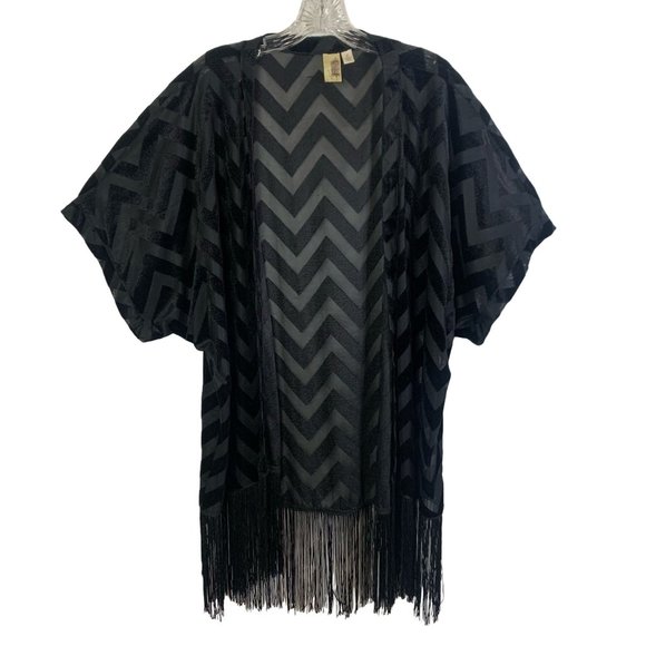 Birdcage Sheer Black Chevron Short Sleeve Fringed Open Front Kimono Women Size L - Picture 1 of 8